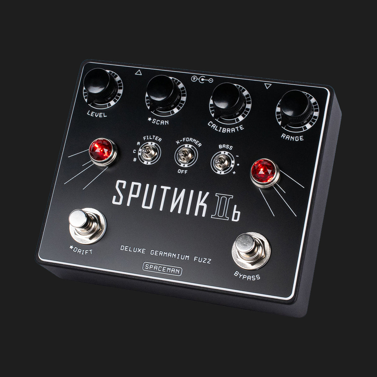 Spaceman Effects Sputnik IIb germanium fuzz pedal in black angled view