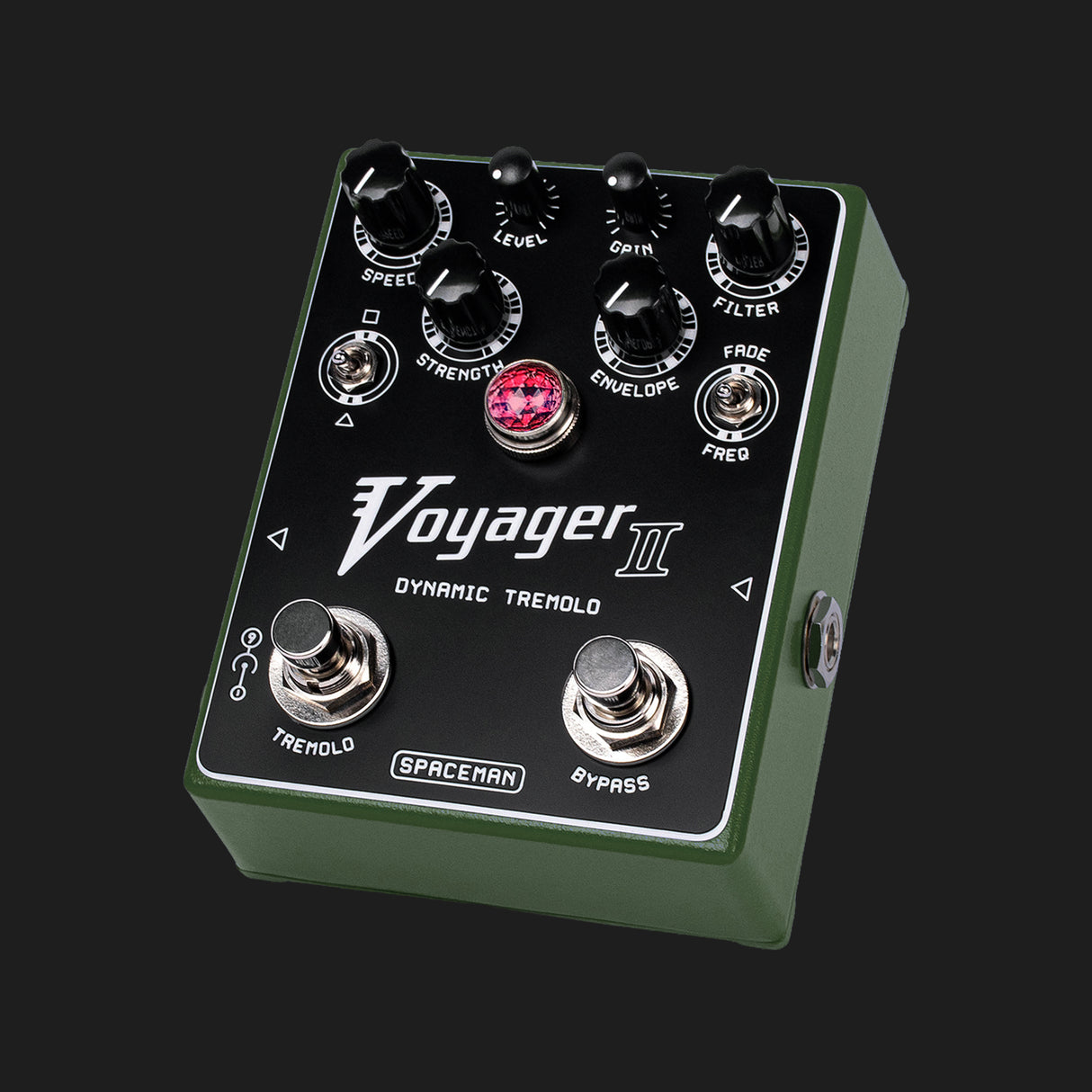 Spaceman Effects Voyager II dynamic tremolo pedal olive angled view