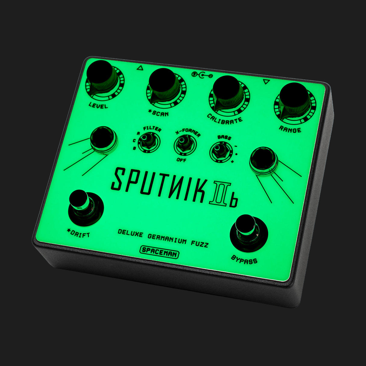 Spaceman Effects Sputnik IIb germanium fuzz pedal in glow angled view