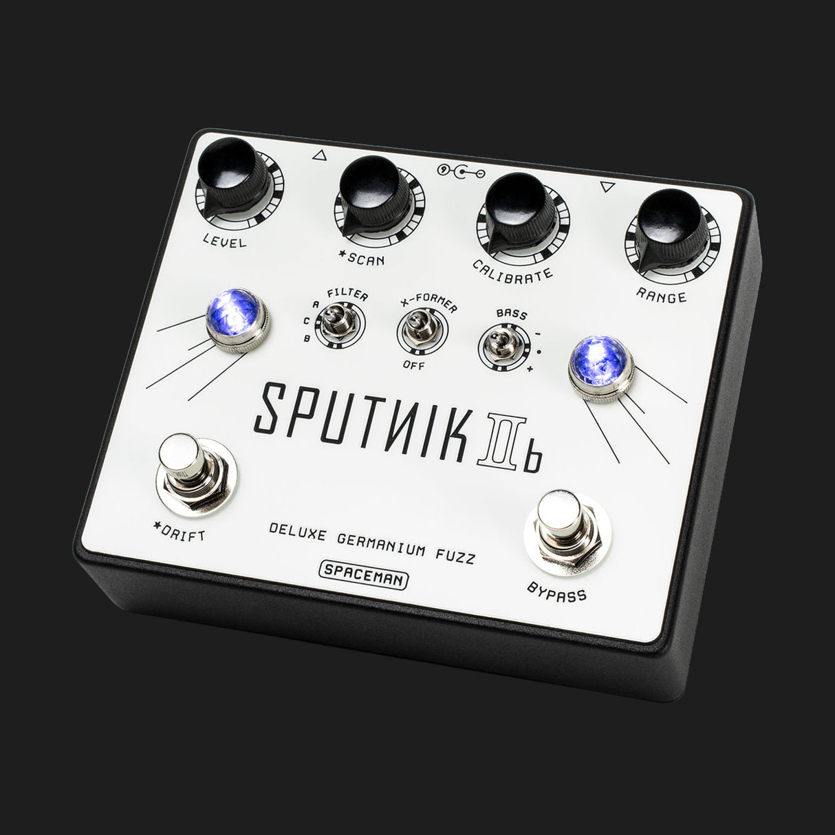 Spaceman Effects Sputnik IIb germanium fuzz pedal in white angled view