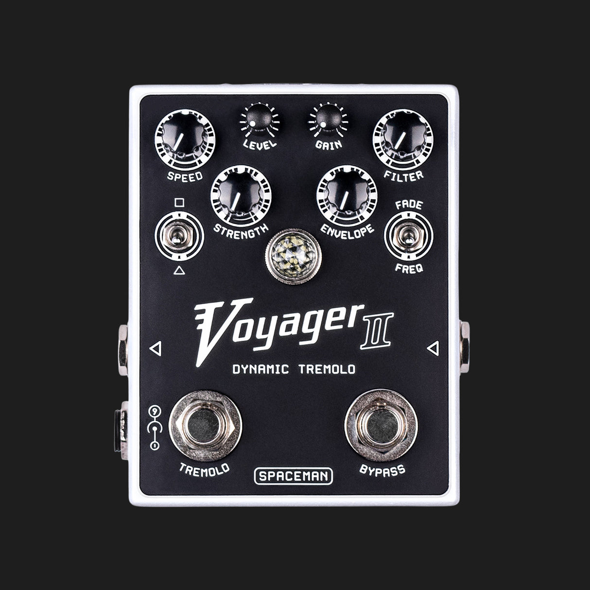 Spaceman Effects Voyager II dynamic tremolo pedal white face view